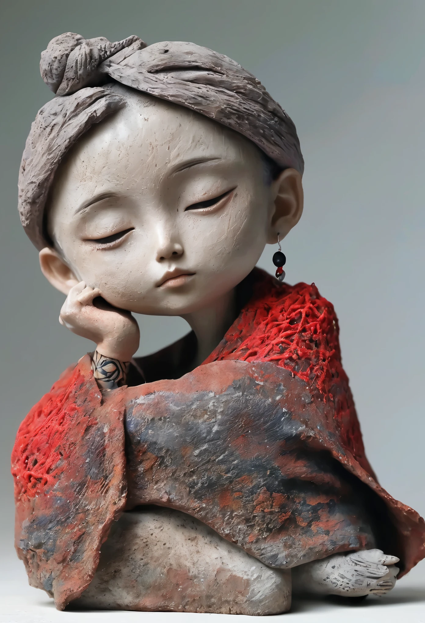 (masterpiece, best quality:1.2),Ultra-light clay，soil，Clay，Rough knitted texture，Old，Dirty， Mineral pigments，3DClayclay sculpture艺术，clay sculpture，Rough surface，（1boy,earrings,jewelry,male focus,piercing,red eyes,sandals,solo,tattoo