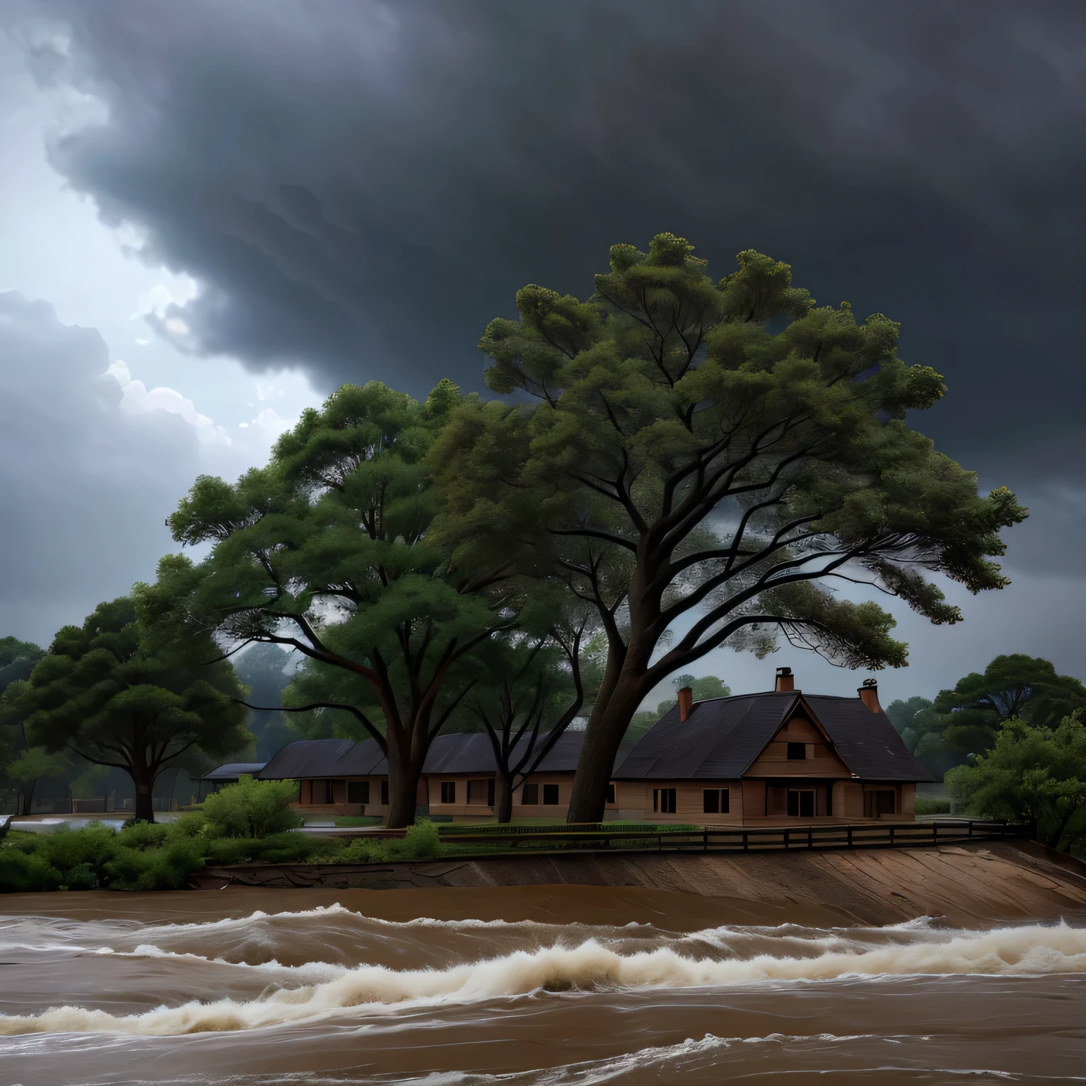 The sky darkened, The wind is blowing very hard,The rain keeps falling. River flooding, Trees cut down,Animals are frightened. This is a real disaster!
