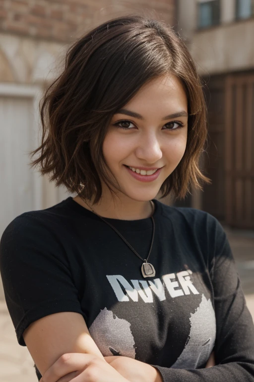 1girl, solo, looking at viewer, smile, short hair, simple background, brown hair, black hair, brown eyes, grin, lips, head tilt, crossed arms, realistic, super details, epic work, ultra high definition, high quality, 32k