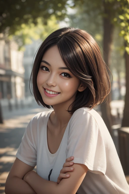 1girl, solo, looking at viewer, smile, short hair, simple background, brown hair, black hair, brown eyes, grin, lips, head tilt, crossed arms, realistic, super details, epic work, ultra high definition, high quality, 32k