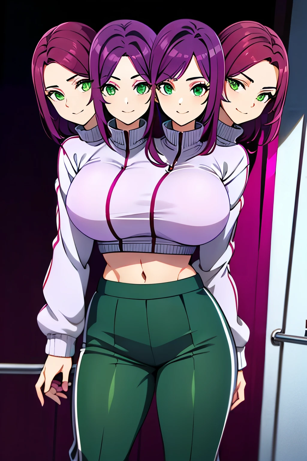 best quality, (masterpiece),(ultra-detailed), (high quality), (high resolution), ((2heads:1.5)), ((violet hair)),, large breasts, shorts , full body,best quality:1.5, highres, UHD, 4K), smiling, ((seductive pose)), ((detailed eyes)), (mature woman), exposed midriff, ((green eyes)) (white jacket), long sleeves, pants, black pants, pleated skirt, skirt, track jacket, track pants, track suit, ((magenta hair color))
