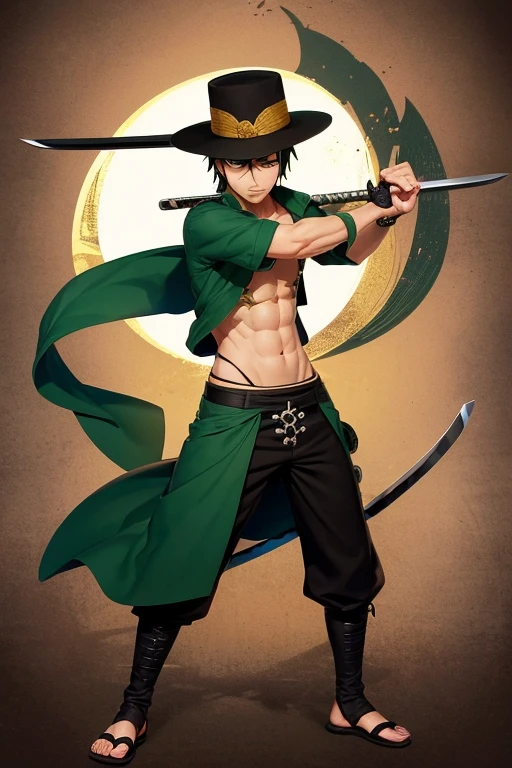 Cool background、With sword and hat、Man holding two swords, Roronoa Zoro, from one piece, Eiichiro Oda style, inspired by Eiichiro Oda, one piece artstyle, Best Anime Character Design, Eiichiro Oda Kaze, Official Art, one piece style, Leaked images, Swordsman, one piece, Cool pose, With a big sword