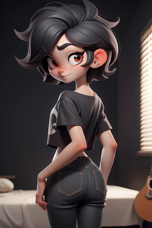 Huff, 3D face pattern, tomBoy with long short, Dyed short hair,long eyelasher,black t-shirts,(黑The eye) ,,, black hair color hair, tiny legs, small hips, skinny black jeans , on bedroom, guitars hanging on the walls, pale white skin, red eyes, back view, shy