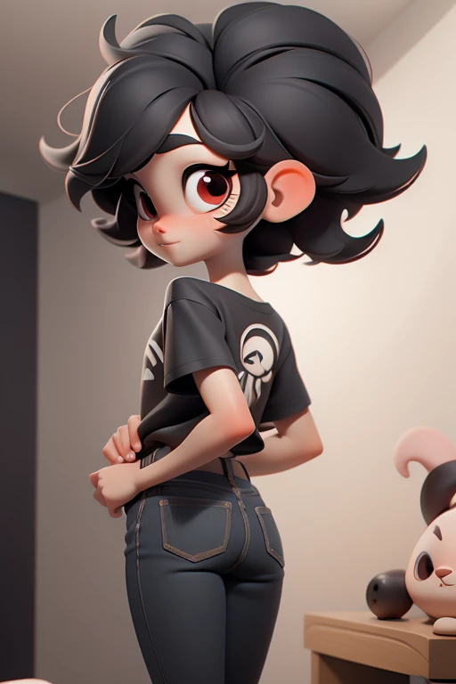 Huff, 3D face pattern, tomBoy with long short, Dyed short hair,long eyelasher,black t-shirts,(黑The eye) ,,, black hair color hair, tiny legs, small hips, skinny black jeans , on bedroom, guitars hanging on the walls, pale white skin, red eyes, back view, shy
