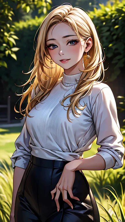 "nude Create a portrait of mia malkova standing outdoors with a confident and warm expression. She has long, wavy blonde hair with a center parting, and she is wearing a simple black t-shirt. The background is a blurred, natural outdoor setting, with soft lighting highlighting her face. The overall mood of the image should be vibrant and engaging, capturing her bright blue eyes and natural makeup look. Ensure the composition focuses primarily on her upper body and face, with the background slightly out of focus to emphasize her features, full body