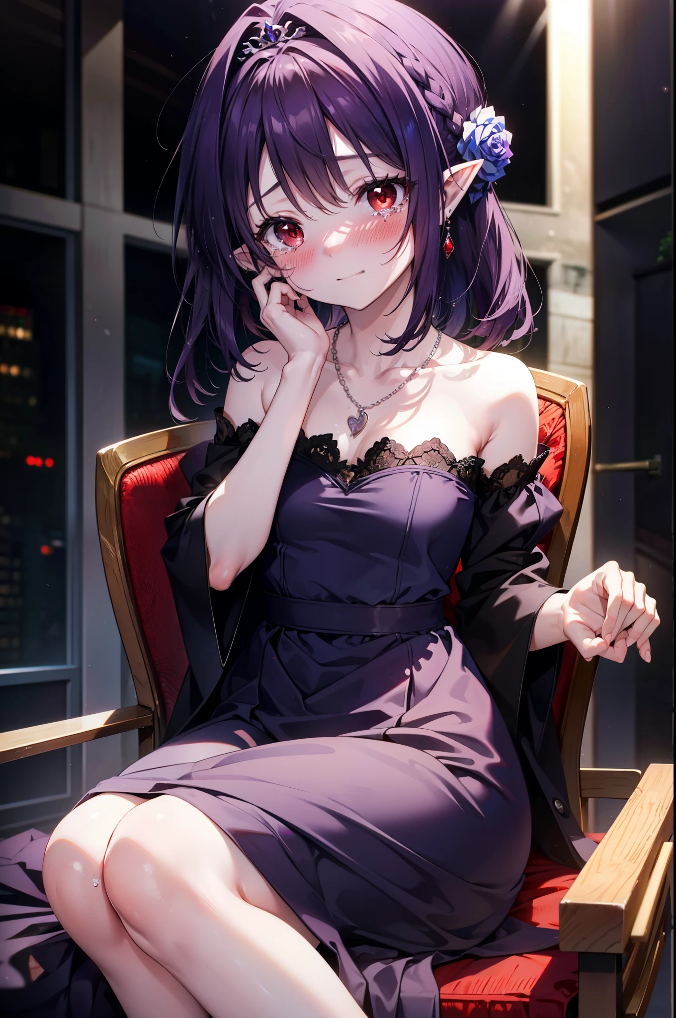yuukikonno, Yuki Konno,Long Hair, tiara,Pointy Ears, Purple Hair, (Red eyes:1.5), (Small :1.2), smile,Purple Dress,Purple long skirt,purple stiletto heels,No sleeve,Expose your shoulders,Bare arms,Bare neck,bare clavicle,She is sitting in a chair holding a large bouquet of flowers in both hands.,There is a big cake on the table,Heart Necklace,Tears stream down her face,Tears of joy,I cry a lot,whole bodyがイラストに入るように,
break indoors, Party Von stage,
break looking at viewer, whole body,
break (masterpiece:1.2), highest quality, High resolution, unity 8k wallpaper, (shape:0.8), (Beautiful details:1.6), Highly detailed face, Perfect lighting, Highly detailed CG, (Perfect hands, Perfect Anatomy),