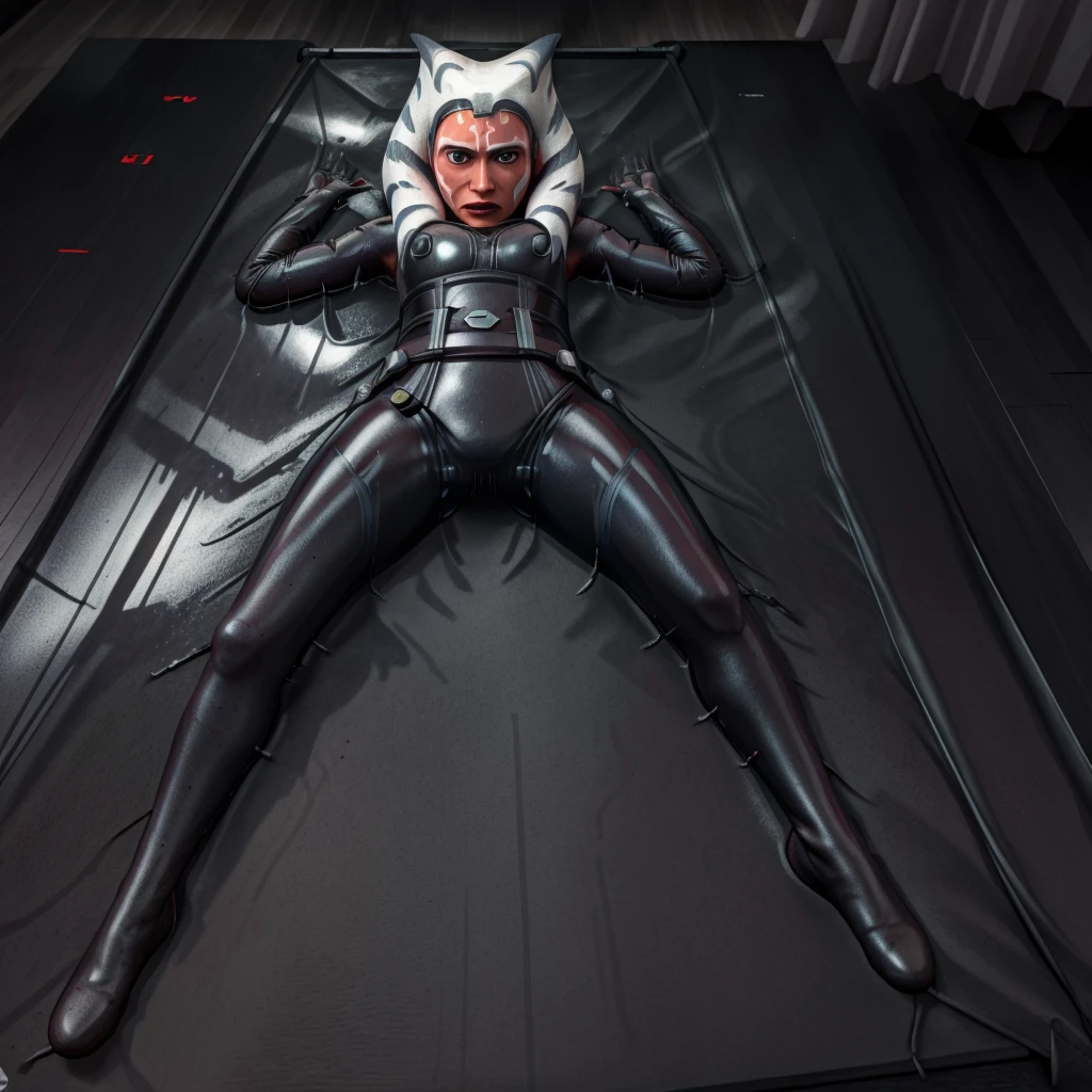 (best quality,4k,8k,highres,masterpiece:1.2),ahsoka,lie in a latex vacuum bed,ultra-detailed,realistic,bokeh,dark side vibe,portrait,studio lighting,black and white,sharp focus,lightsaber,texture,contrast,subtle shadows,endless depth,details of expression,ominous atmosphere,latex shine,reflection,powerful presence,dynamic composition,forbidden pleasure