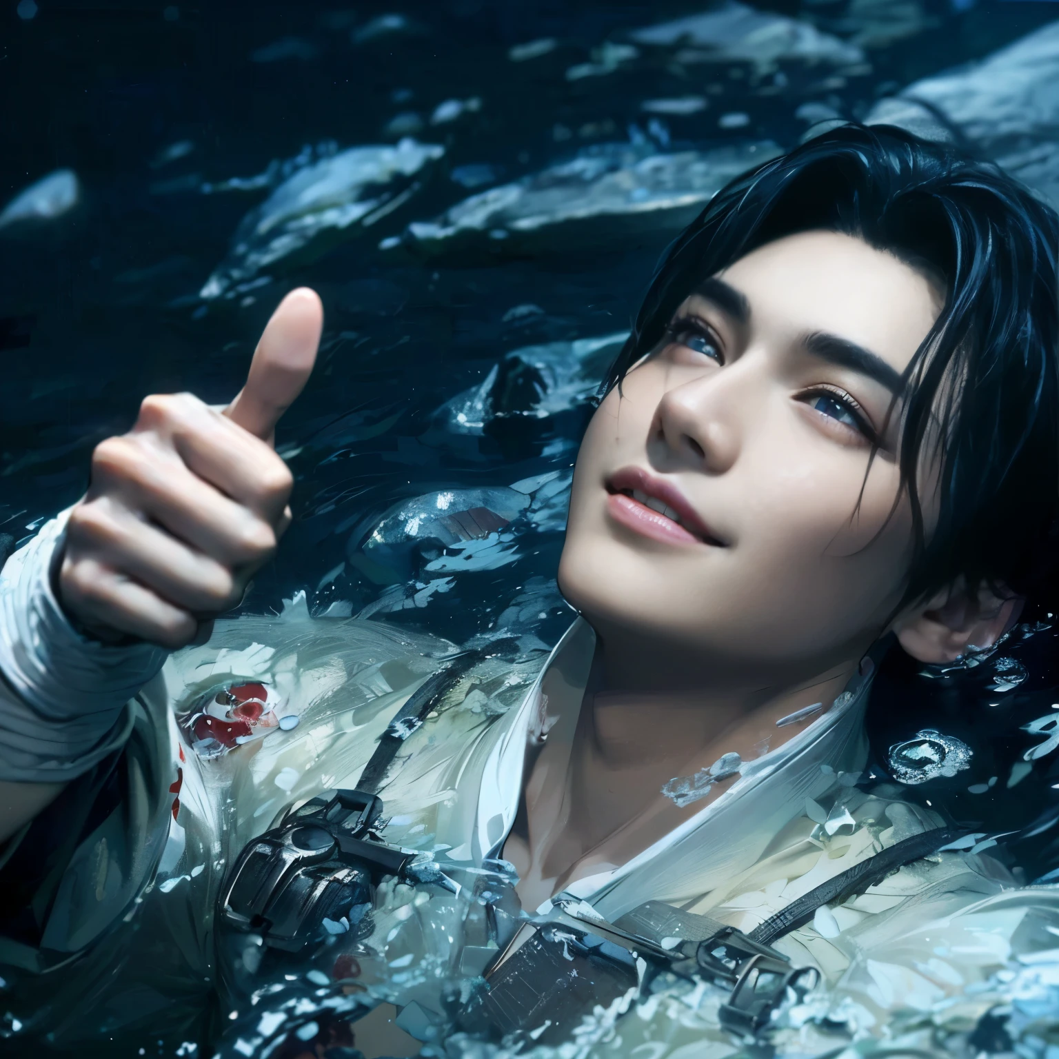 (Best Quality:1.2), (high resolution:1.2), (beautiful face and eye:1.5), (sharpest focus:1.2), (Ultra-realistic Photo:1.2), (Ultra-precise Photo:1.2), (Depth of field:1.2), (8k high resolution:1.2). (perfect anatomy:1.2), 
(nice hands:1.5), (perfect hands:1.5), (One drowning Chinese man:1.2), (Very young and beautiful Chinese man:1.0), (Smiling thumbs up in a state of resignation:1.2), (Looking up angle:1.2), 
(Chinese warrior in very light clothing, beaten up:1.0), (Majestic Chinese river:1.0), (Cynical smile:1.0), (Giant battleship:1.0), (Mars shining reddish-red in the night sky:1.2), 