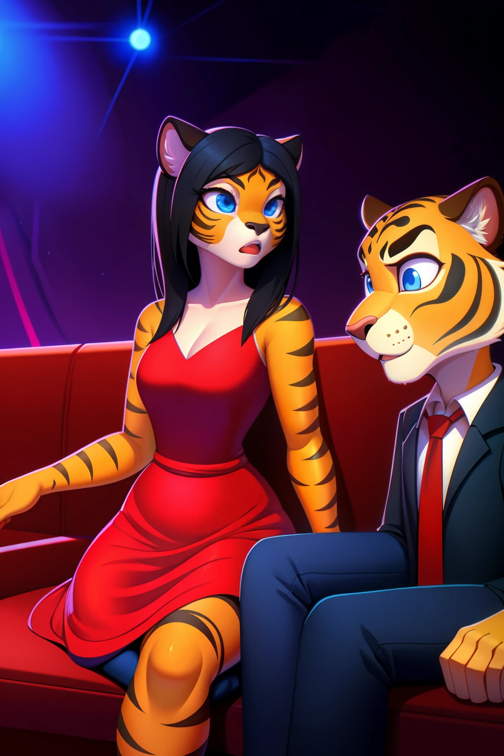 1 girl, hypnotized housewife, tigress anthro, black hair, blue eyes, empty eyes, red dress, sitting on couch, at home, mind-controlled, hypnotized, dazed, 3D Disney style
