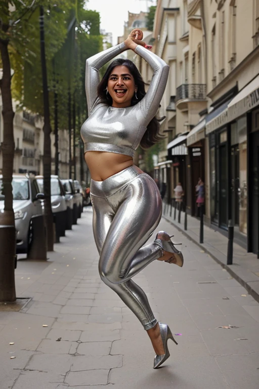An curvy Indian woman, wearing a shiny silver yoga pants, wearing high heel ankle shoes . The woman jumping with joy in a posh street in Paris . There is a modern city restaurant nearby. Bright day lighting.