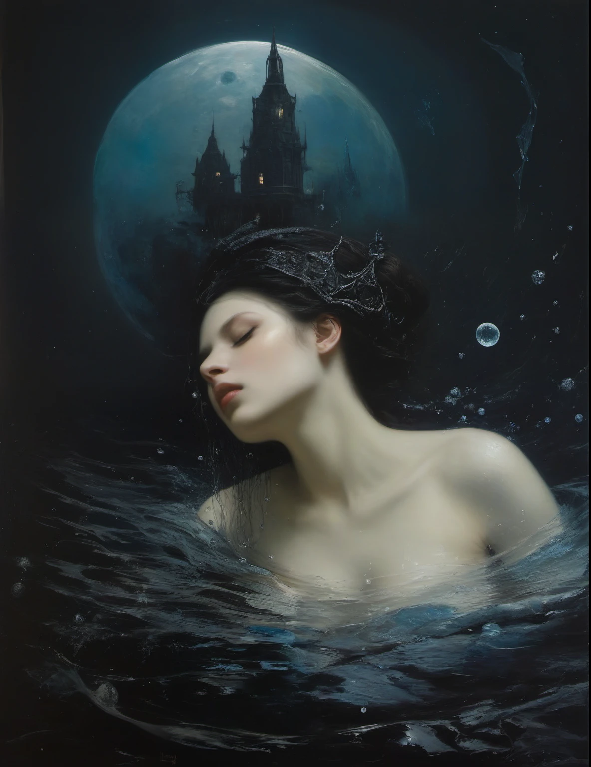 James Gurney, Surrealist art , dream-like, Mysterious, Provocative, symbolic, Complex, detailed,, (Gothic but very beautiful:1.4), (masterpiece, highest quality:1.4) , Nicola Samori Style, Mermaid loved by the moon , Water bubbles