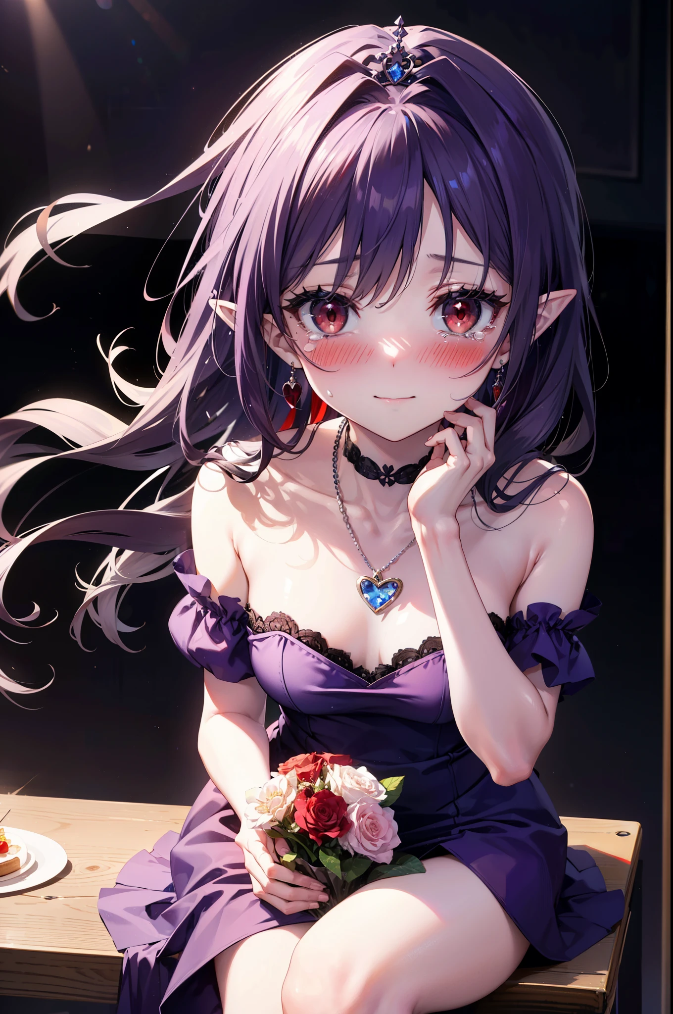 yuukikonno, Yuki Konno,Long Hair, tiara,Pointy Ears, Purple Hair, (Red eyes:1.5), (Small breasts:1.2), smile,Purple Dress,Purple long skirt,purple stiletto heels,No sleeve,Expose your shoulders,Bare arms,Bare neck,bare clavicle,She is sitting in a chair holding a large bouquet of flowers in both hands.,There is a big cake on the table,Heart Necklace,Tears stream down her face,Tears of joy,I cry a lot,whole bodyがイラストに入るように,
break indoors, Party Venue,on stage,
break looking at viewer, whole body,
break (masterpiece:1.2), highest quality, High resolution, unity 8k wallpaper, (shape:0.8), (Beautiful details:1.6), Highly detailed face, Perfect lighting, Highly detailed CG, (Perfect hands, Perfect Anatomy),