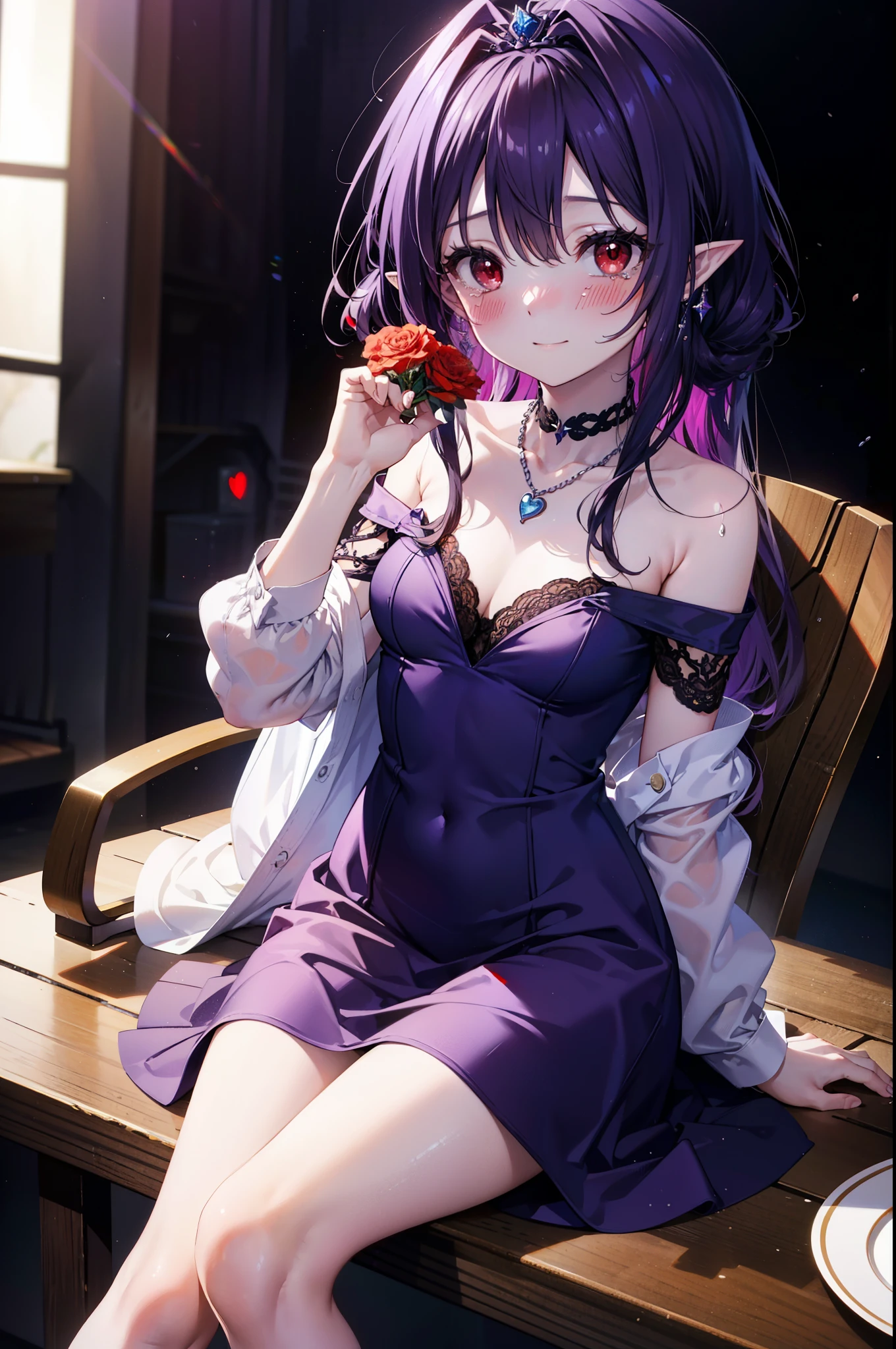 yuukikonno, Yuki Konno,Long Hair, tiara,Pointy Ears, Purple Hair, (Red eyes:1.5), (Small breasts:1.2), smile,Purple Dress,Purple long skirt,purple stiletto heels,No sleeve,Expose your shoulders,Bare arms,Bare neck,bare clavicle,She is sitting in a chair holding a large bouquet of flowers in both hands.,There is a big cake on the table,Heart Necklace,Tears stream down her face,Tears of joy,I cry a lot,whole bodyがイラストに入るように,
break indoors, Party Venue,on stage,
break looking at viewer, whole body,
break (masterpiece:1.2), highest quality, High resolution, unity 8k wallpaper, (shape:0.8), (Beautiful details:1.6), Highly detailed face, Perfect lighting, Highly detailed CG, (Perfect hands, Perfect Anatomy),