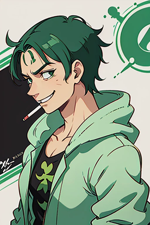 Close-up of a person with green hair and a cigarette, Roronoa Zoro, from one piece, Avatar Image, one piece artstyle, Portrait of Shanks le Roux, Joker is similar to Naruto, Mischievous grin, one piece, masterpiece, Profile photo, A proud smile, アニメのmasterpiece, Green Head, art masterpiece