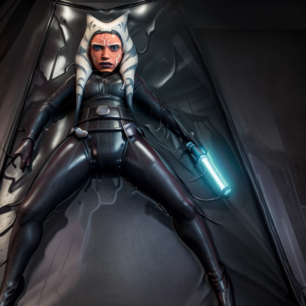 (best quality,4k,8k,highres,masterpiece:1.2),ahsoka,lie in a latex vacuum bed,ultra-detailed,realistic,bokeh,dark side vibe,portrait,studio lighting,black and white,sharp focus,lightsaber,texture,contrast,subtle shadows,endless depth,details of expression,ominous atmosphere,latex shine,reflection,powerful presence,dynamic composition,forbidden pleasure