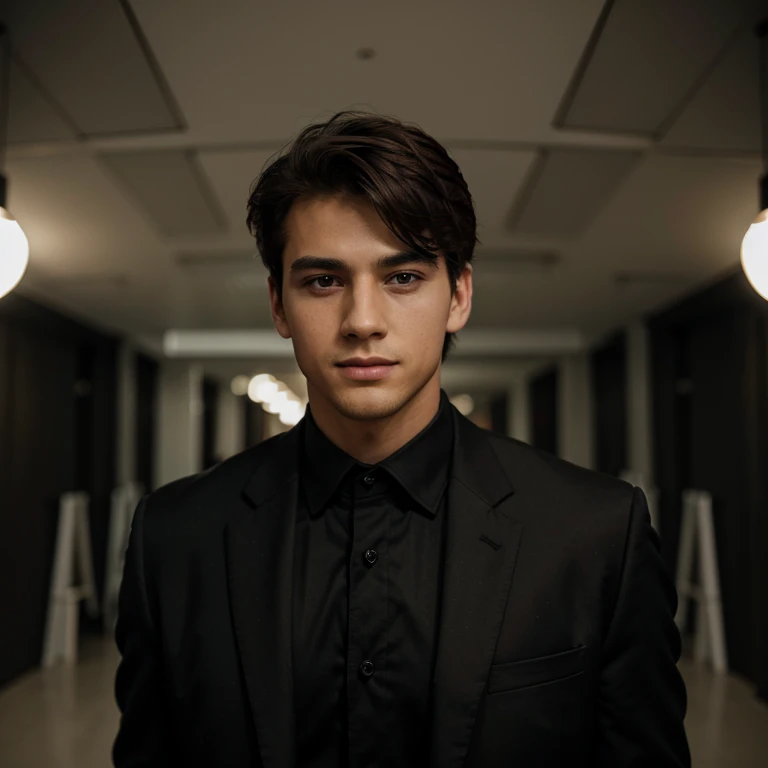 A handsome boy wearing a black suit