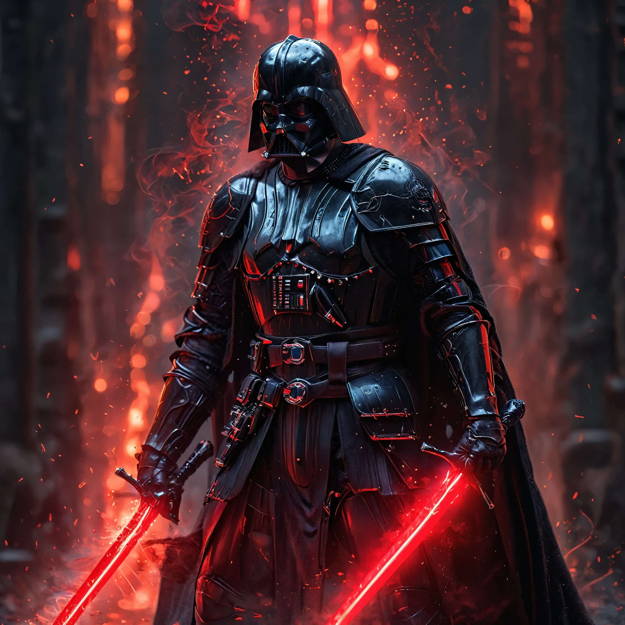Very dark photo of Darth Vader wielding double swords. . Aura de humo rojo