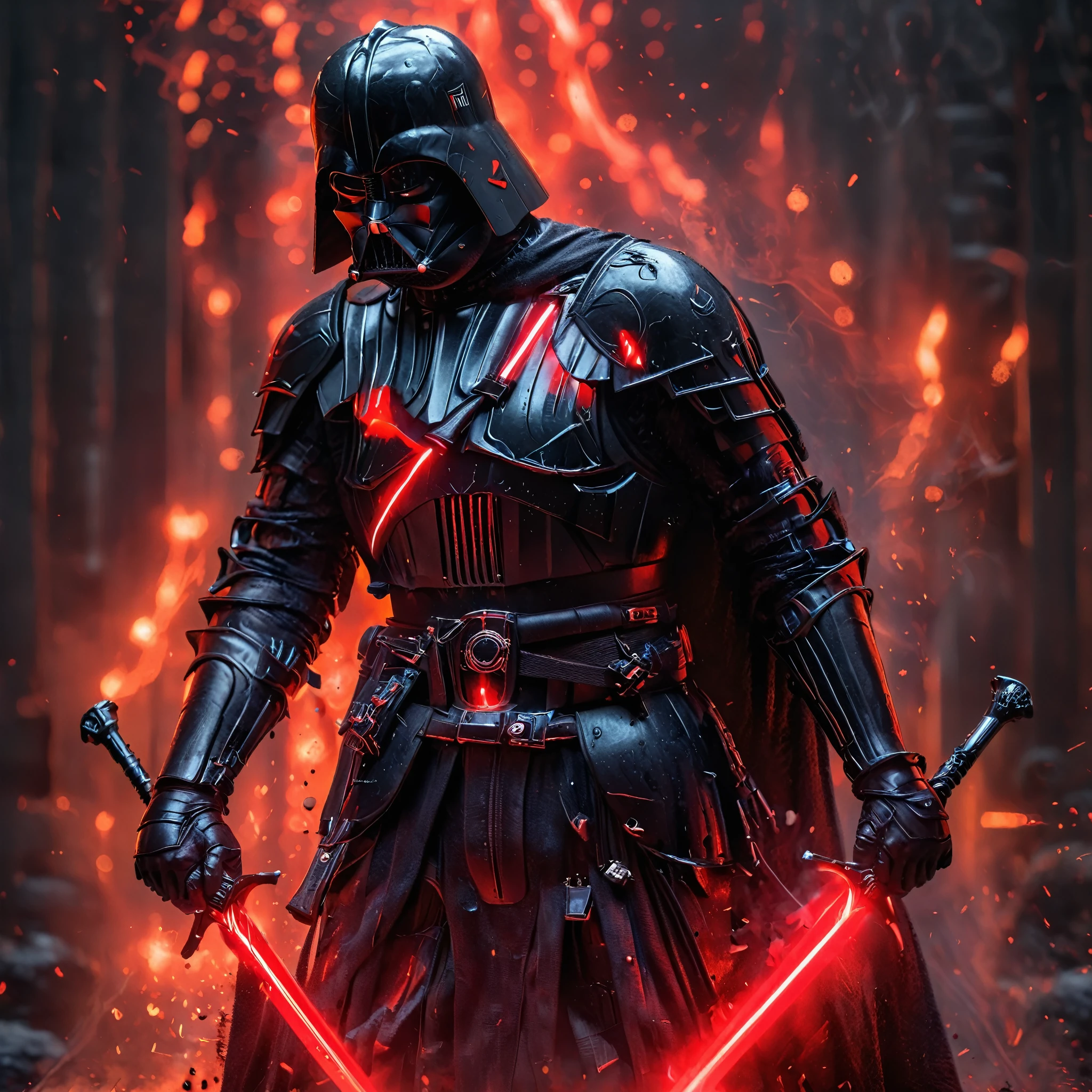 Very dark photo of Darth Vader wielding double swords. . Aura de humo rojo