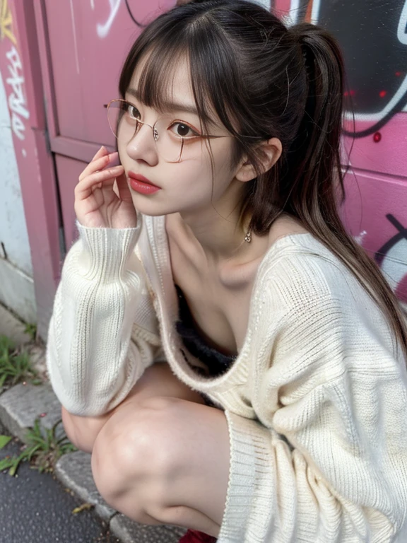RAW Photos, 8k, (highest quality), Realistic, (live-action, Intricate details), (Natural skin texture, Detailed skin, Hyperrealism, Sharpness), (night、Japanese teenage girl with glasses squatting in a dirty back alley, graffitied wall:1.3), ((White hand knitted sweater, V-neck sweater, munechira)), (Pale skin:1.2, Slender body), ((Straight long hair, Blunt bangs)), (Glasses Enchanting Face, Provocative look, Lips parted:1.3, Sagging under the eyes:1.2, Red thick lips), graffiti:1.5, night間, Spot lighting:1.3, Upper Body Shot