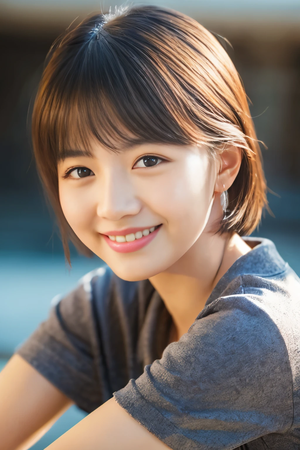 1girl, solo, looking at viewer, smile, short hair, simple background, brown hair, black hair, brown eyes, grin, lips, head tilt, crossed arms, realistic, super details, epic work, ultra high definition, high quality, 32k