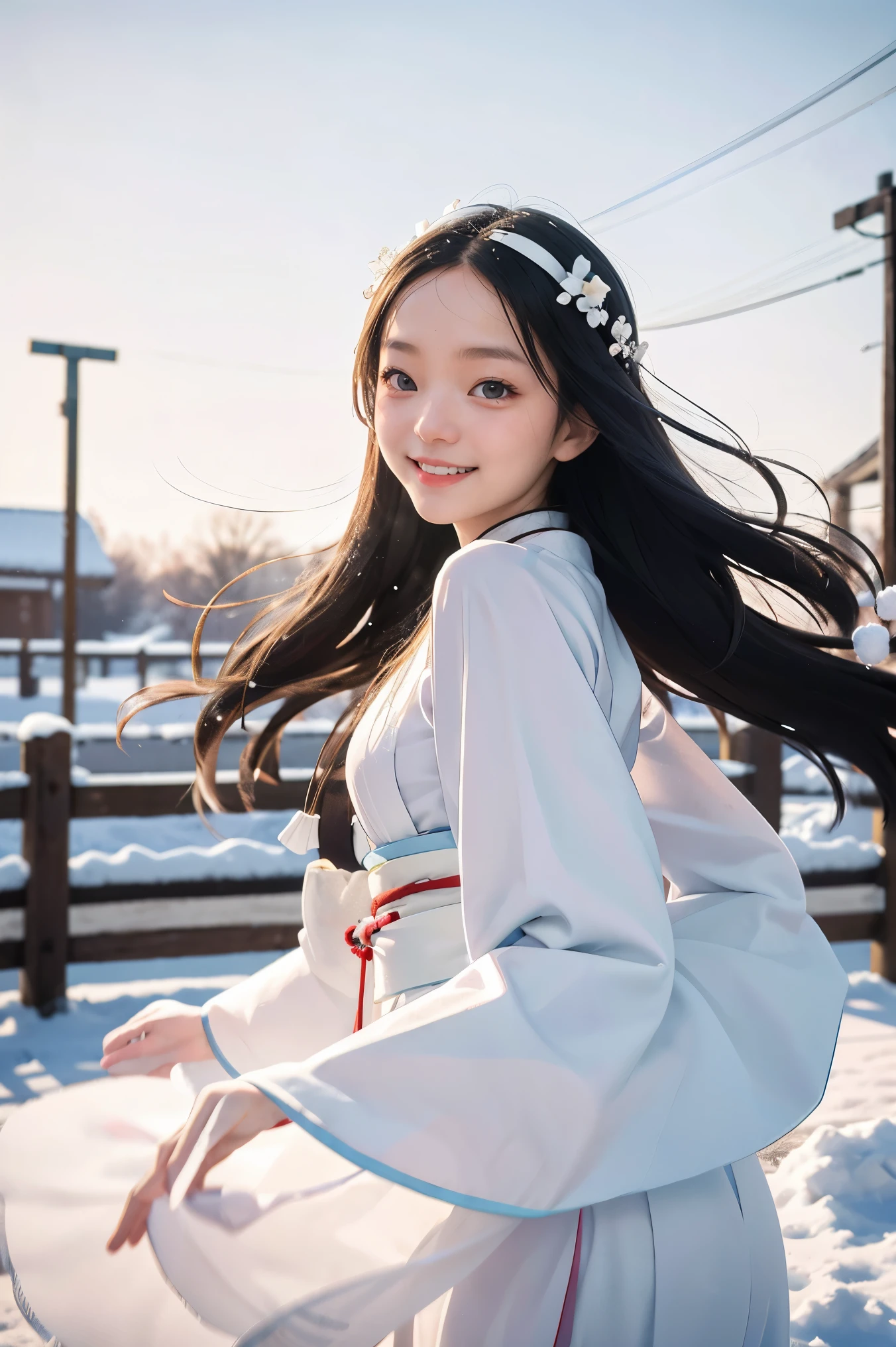 Best quality, 4K picture quality, 1girl, white Hanfu, snow, long hair fluttering in the wind, healing smile, large aperture, blurred background