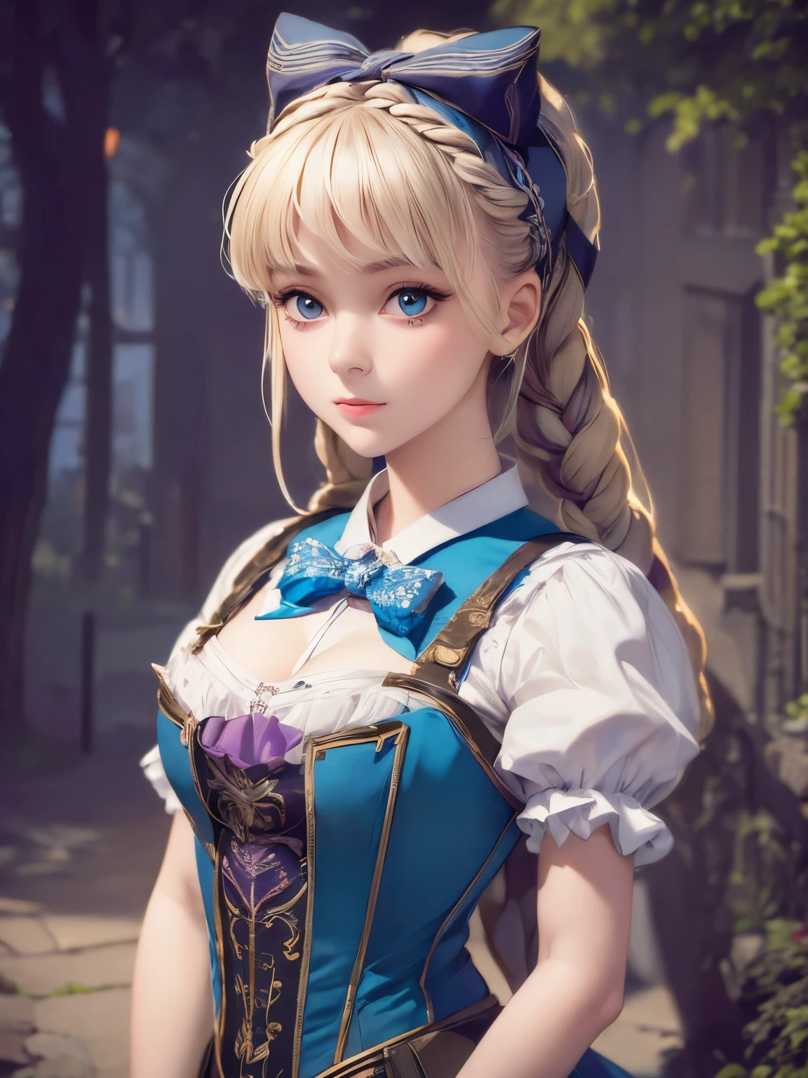 1girl, masterpiece, best quality, 8k, detailed skin texture, detailed cloth texture, beautiful detailed face, intricate details, ultra detailed, Alice in Wonderland, (a bow on her head:1.1), upper body