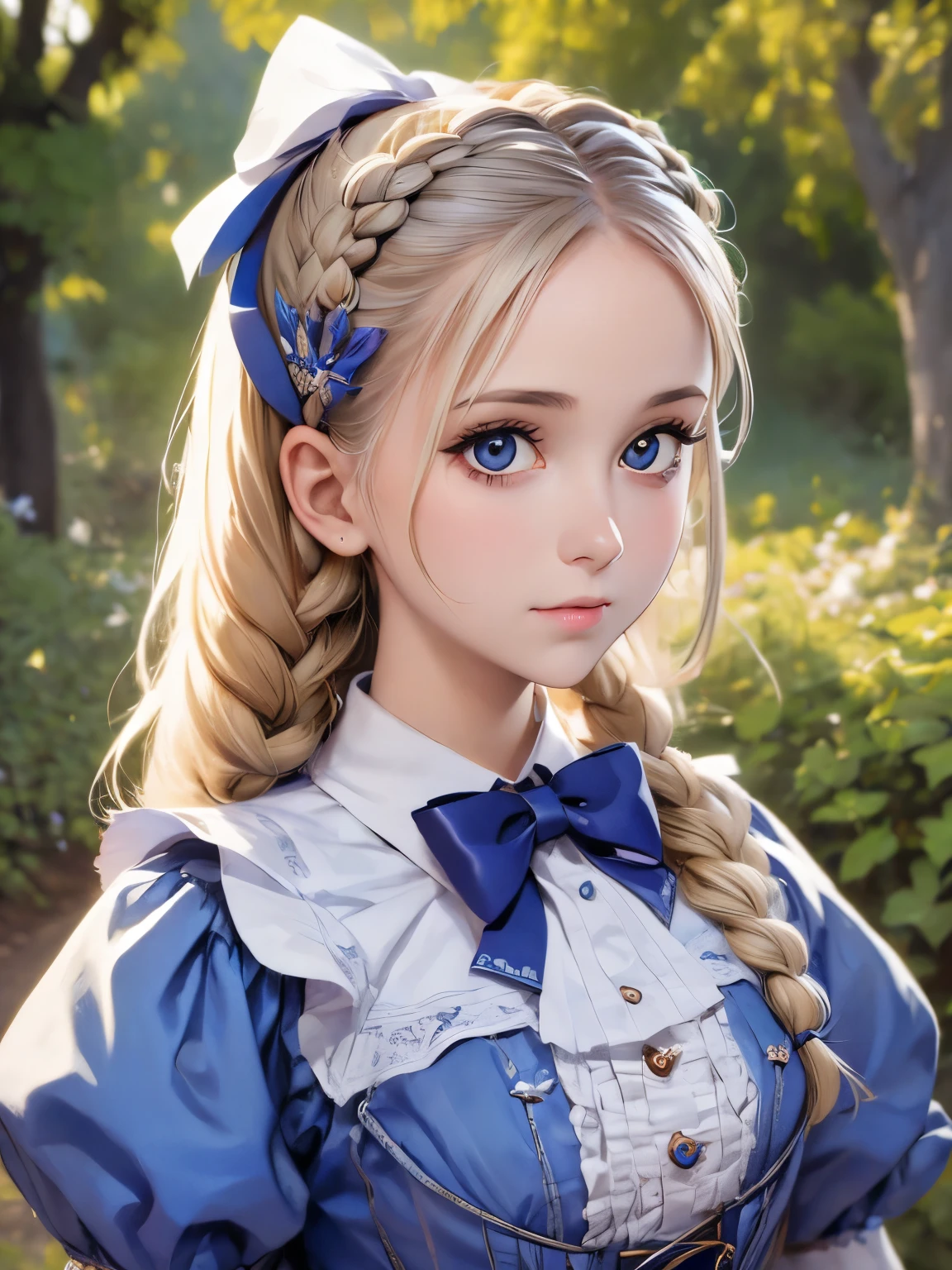 1girl, masterpiece, best quality, 8k, detailed skin texture, detailed cloth texture, beautiful detailed face, intricate details, ultra detailed, Alice in Wonderland, (a bow on her head:1.1), upper body