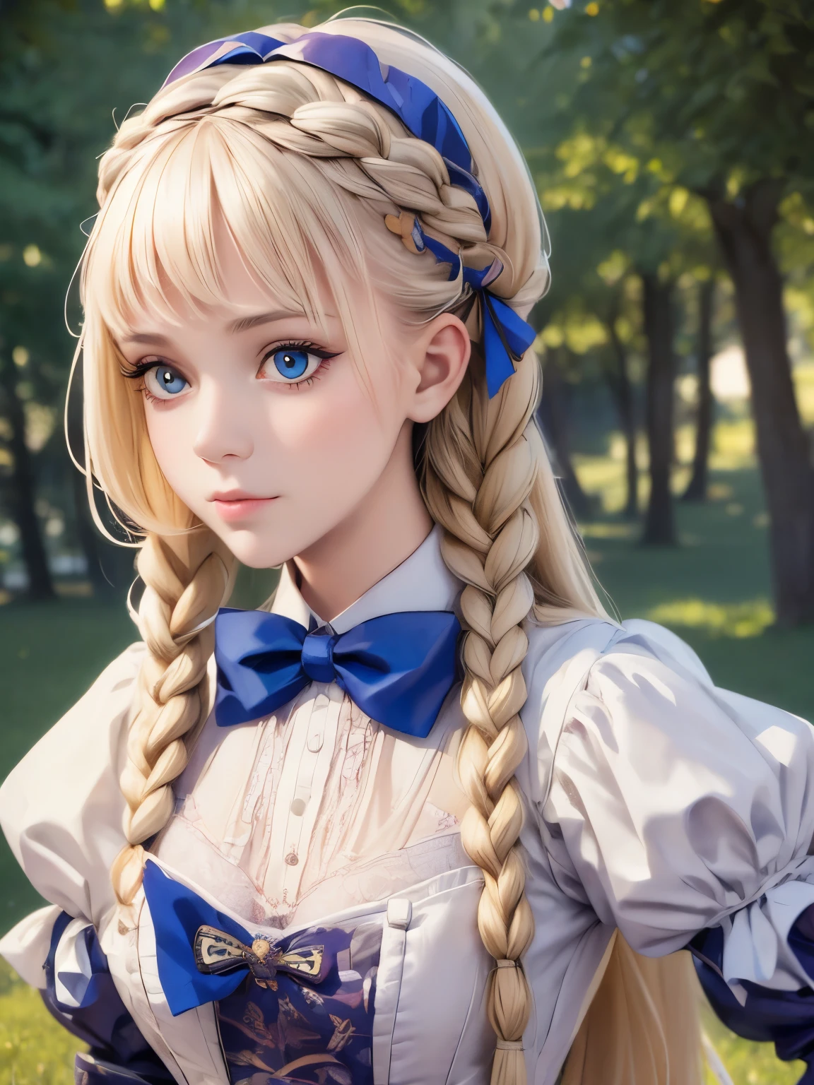 1girl, masterpiece, best quality, 8k, detailed skin texture, detailed cloth texture, beautiful detailed face, intricate details, ultra detailed, Alice in Wonderland, (a bow on her head:1.1), upper body