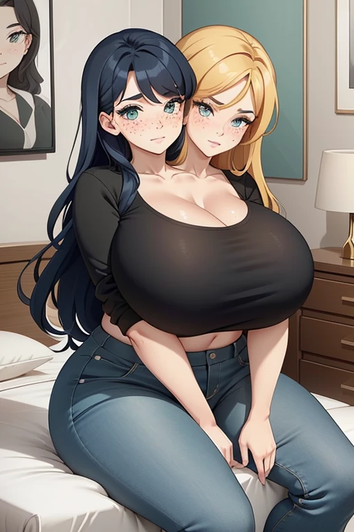 2heads, a short chubby woman with 2 heads. She has massive breasts. She is sitting in a bedroom. She looks drunk. Her breasts are enormous. She is wearing a bra and jeans. She has gigantic breasts. She looks spunky. She looks flirtatious. She is seductive. She has huge breasts. She has long hair. She is blushing. She has freckles.