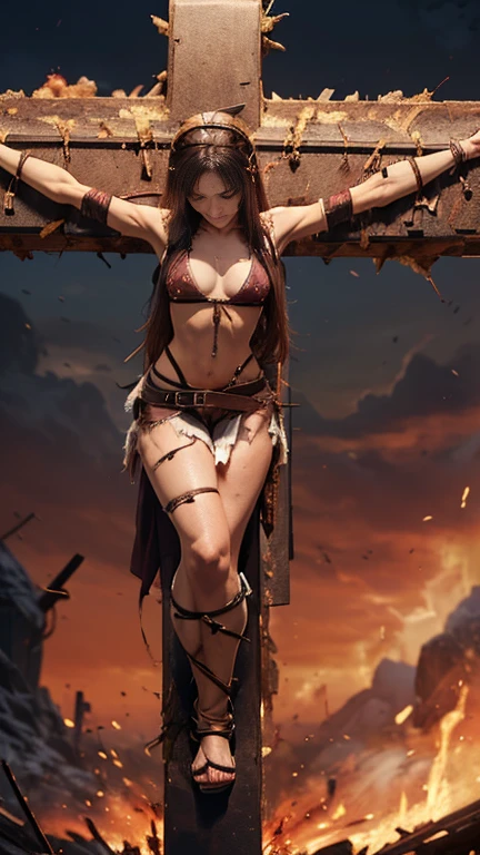 highest quality,masterpiece,Ultra-high resolution, Very detailed, 8k,(Beautiful woman),(一人のBeautiful woman),((Crucifixion:1.5)),(((cross))),(execution),((incontinence)),Scared,Big Breasts、torture,slave,((crossにCrucifixionにされた女性:1.5)),Crucifixion刑,Kamen Rider、Transformation Belt,((Torn costume:1.5)),((Tearing of clothes:1.5)),(Tattered clothes),Beaten face,顔にTraces of being beaten,((Bruises on the body)),Body scars,Facial and body injuries,(Bruise, dirty, Torn clothes, Revealing clothing, Blood:1.3),Traces of being beaten,Defeated heroine,A ruined world,Remains,ruins,(Burning at the stake),((Roasted by fire:1.2)),Inflammation,(Inflammationに包まれている),足下にInflammation