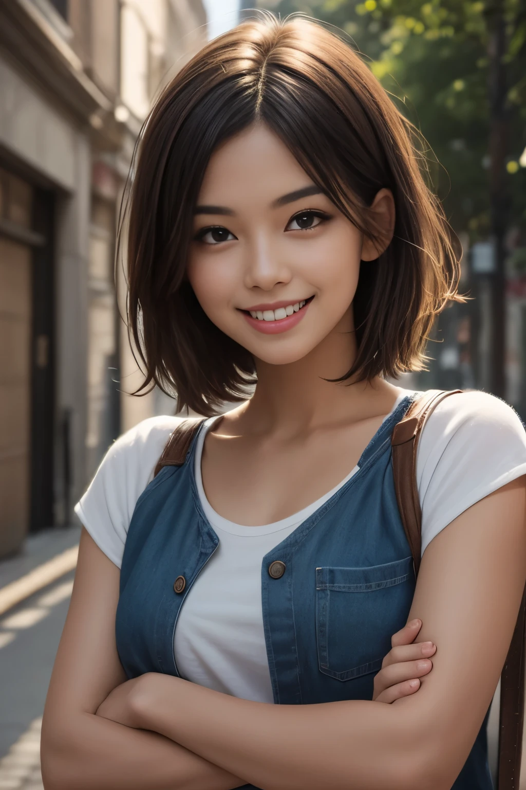 1girl, solo, looking at viewer, smile, short hair, simple background, brown hair, black hair, brown eyes, grin, lips, head tilt, crossed arms, realistic, super details, epic work, ultra high definition, high quality, 32k