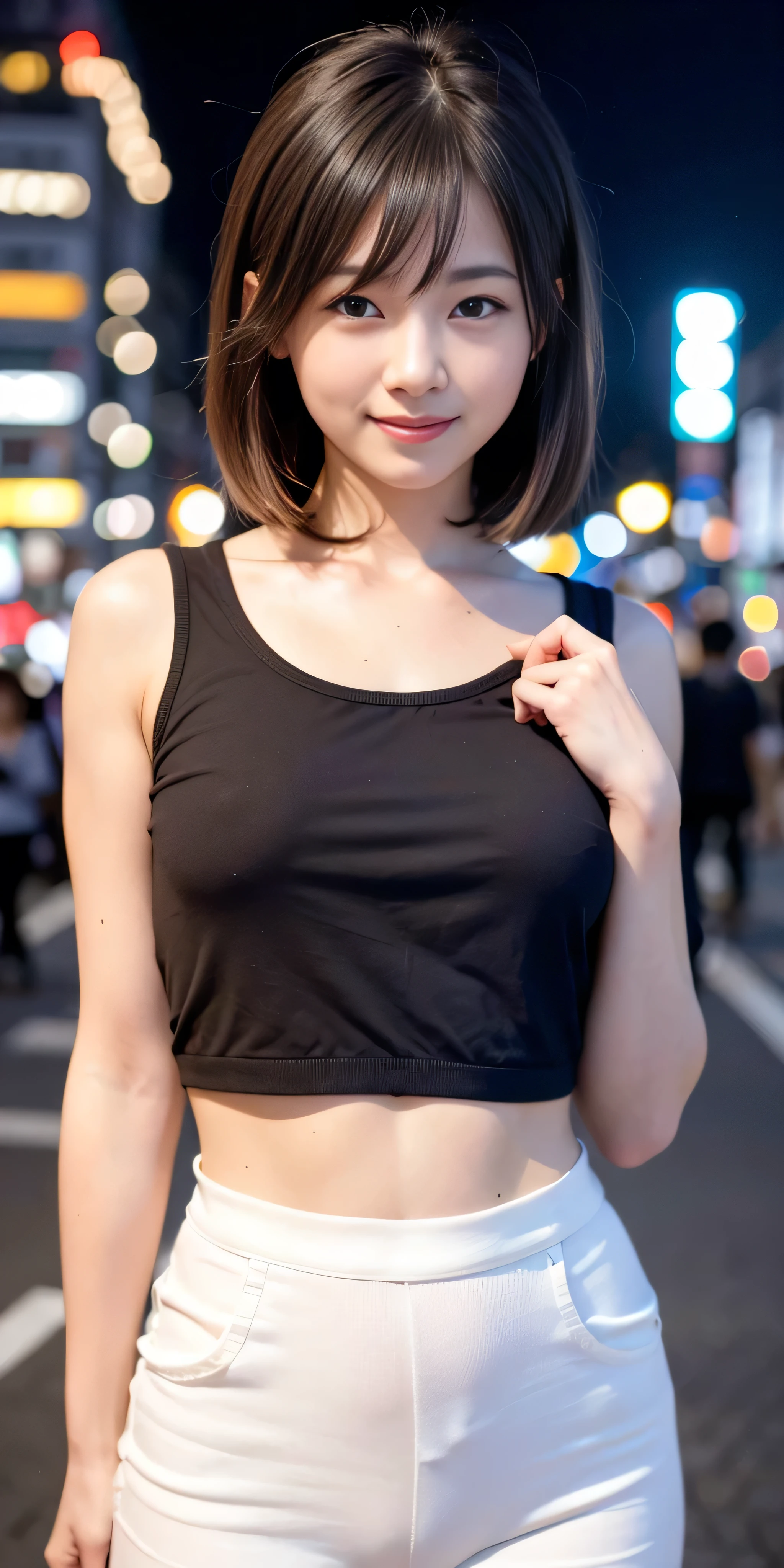 1 Girl, Tokyo Street,night, Streetscape,City lights,Upper Body,close,smile,, (8K, Raw photo, highest quality, masterpiece:1.2),(Realistic, photo-Realistic:1.37),