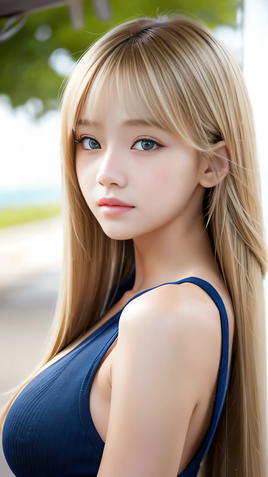 Sexy Big 、Sexy cute looks and cute  beautiful girl, beautiful and sexy face、A strong wind blows my hair in front of my face、With straight blonde hair、beautiful, Cute and sexy eyes hidden behind long bangs。