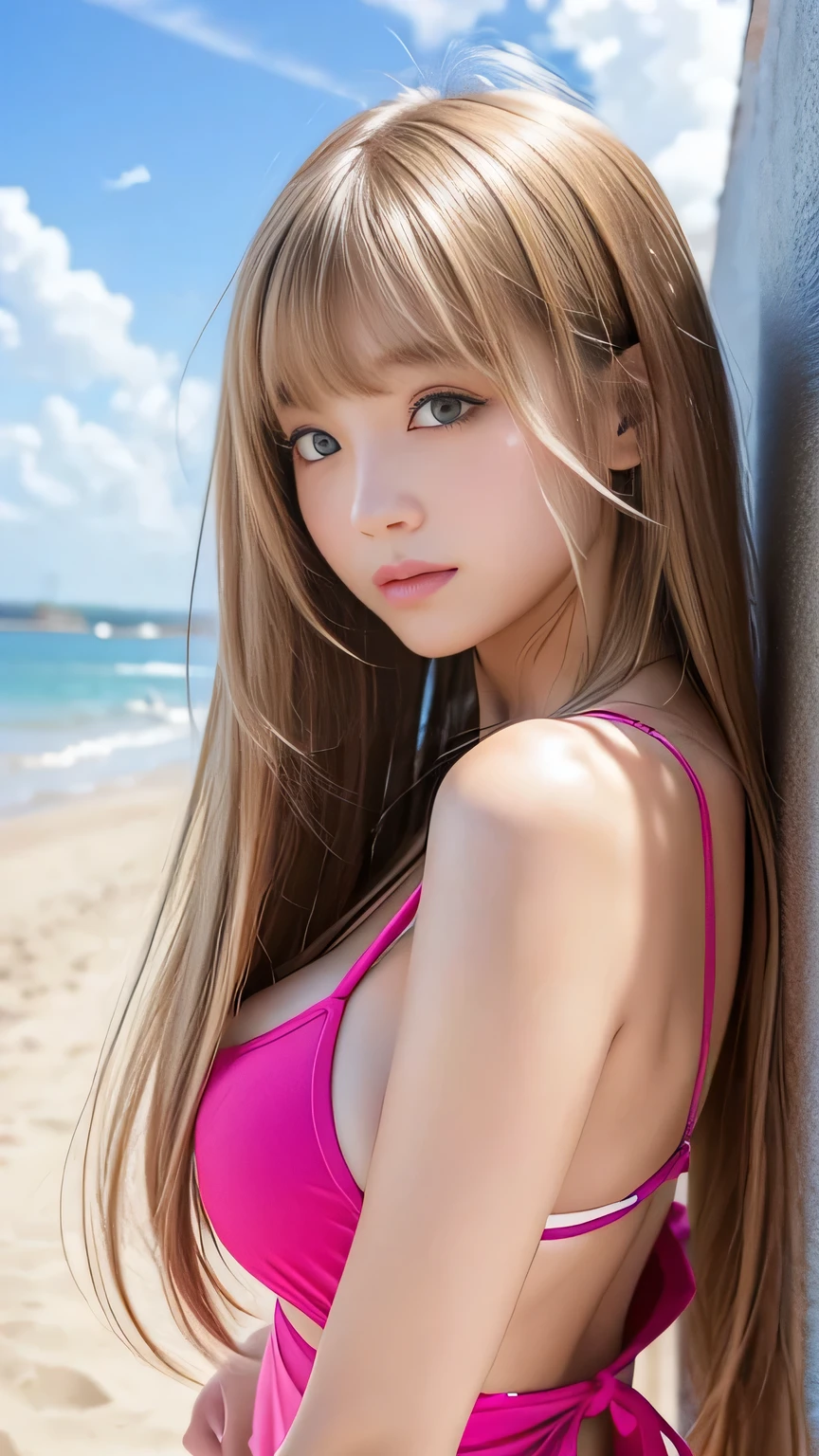 Sexy Big 、Sexy cute looks and cute 15 year old beautiful girl, beautiful and sexy face、A strong wind blows my hair in front of my face、With straight blonde hair、beautiful, Cute and sexy eyes hidden behind long bangs。