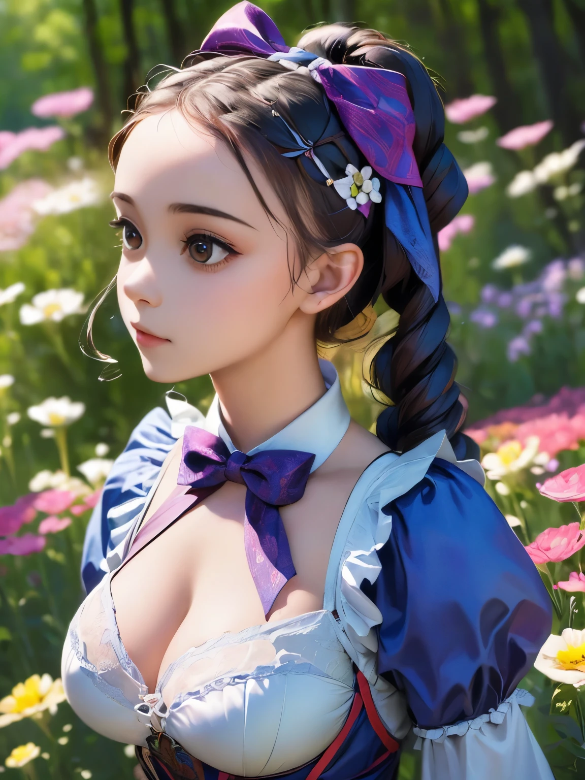 1girl, masterpiece, best quality, 8k, detailed skin texture, detailed cloth texture, beautiful detailed face, intricate details, ultra detailed, Alice in Wonderland, (a bow on her head:1.1), upper body