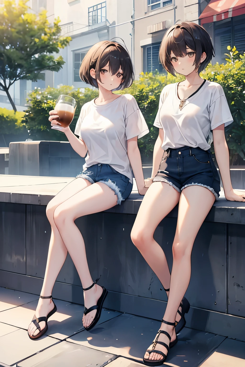 Two girls sitting on a terrace drinking coffee,Boyish hairstyle,Large Breasts,Very short hairstyle,Spiked Hair,Black Hair,White T-shirt,Navy short denim pants,Brown sandals