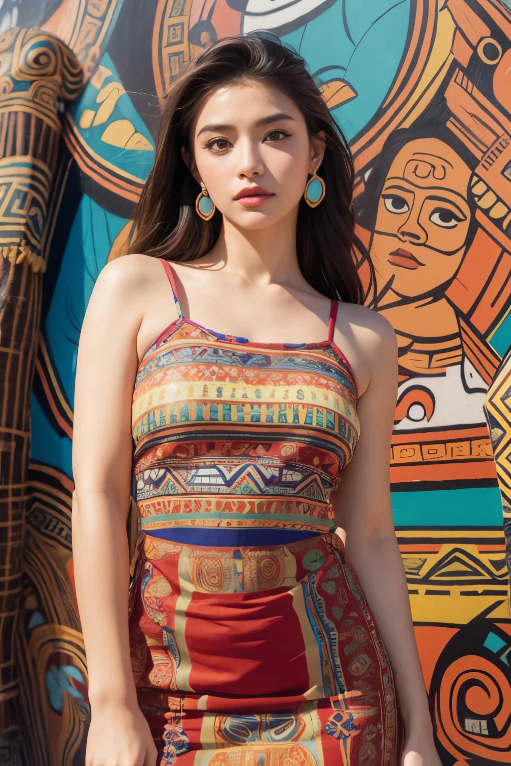 A beautiful woman wearing a 90s retro dress in front of a Mayan mural., model pose, (Highly detailed facial expressions),