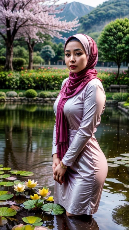 a gorgeous indonesian hijab girl in a misty mountains, lotus pond, cherry blossoms, bright colour. muslim dress, chubby, scarf, necklace, bracelet, seductive pose, detailed detail, real skin texture, best quality, ultra sharp,