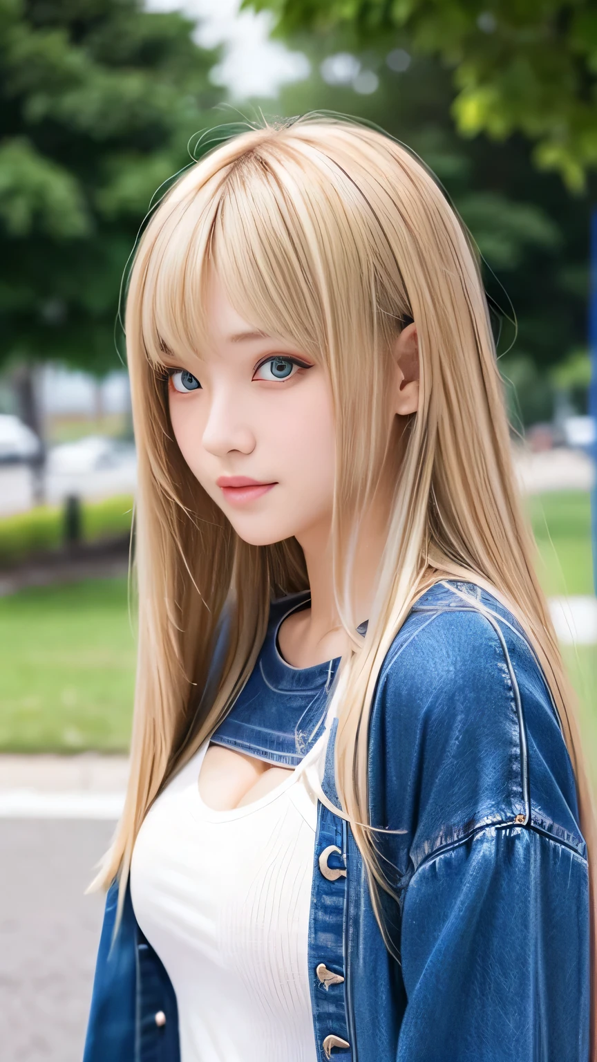 Sexy Big 、A cute 15-year-old girl with a sexy and cute look, beautiful and sexy face、A strong wind blows my hair in front of my face、With straight blonde hair、beautiful, Cute and sexy eyes hidden behind long bangs、I'm wearing a choker、My eyes are hidden by my bangs、Tattoo on arm、