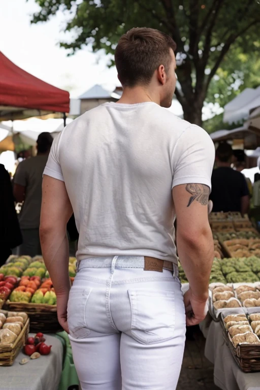 JordanBrandt, 35yo, wearing a t-shirt and White jeans, at the farmers market, backside