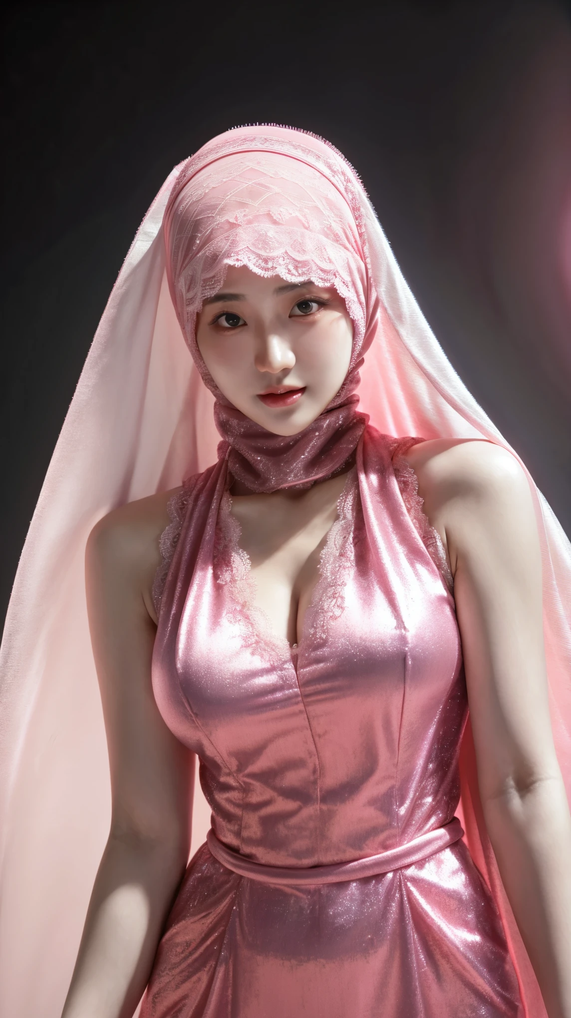 Beautiful Japanese Baby Face , 18 Years Old Woman , Wearing Pink Hijab Muslim Dress , ((Pink Niqab)) , She Have Beautiful Black Retina , Colossal Breasts , Big Chest , ((Sleeveless)) , Lace , Glow Makeup , ((Muscles)) , Whiten Skin , Sexy Look , Dramatic Photography , Pinj Coloured , 8K , High-Res