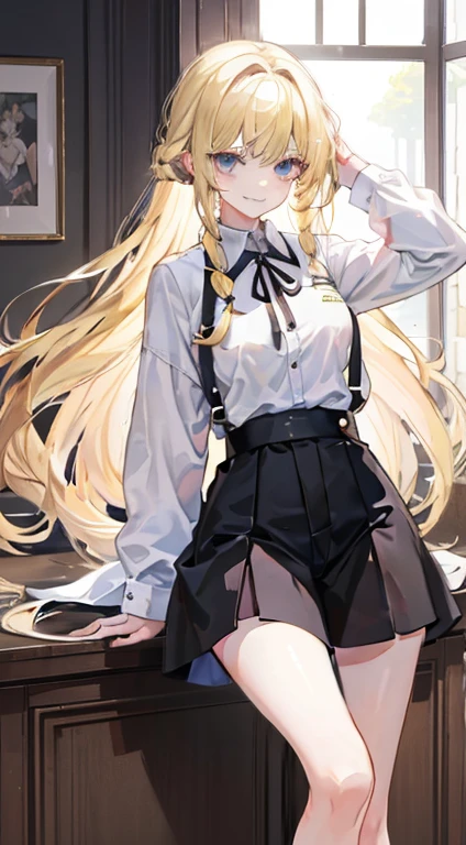 18-year-old blonde, Turquoise eyes, long-haired,Braid left and right, Wear a long white shirt.......on up. , No pants..., Wear black stockings......, Show off your legs..........With a slightly smiling face.......