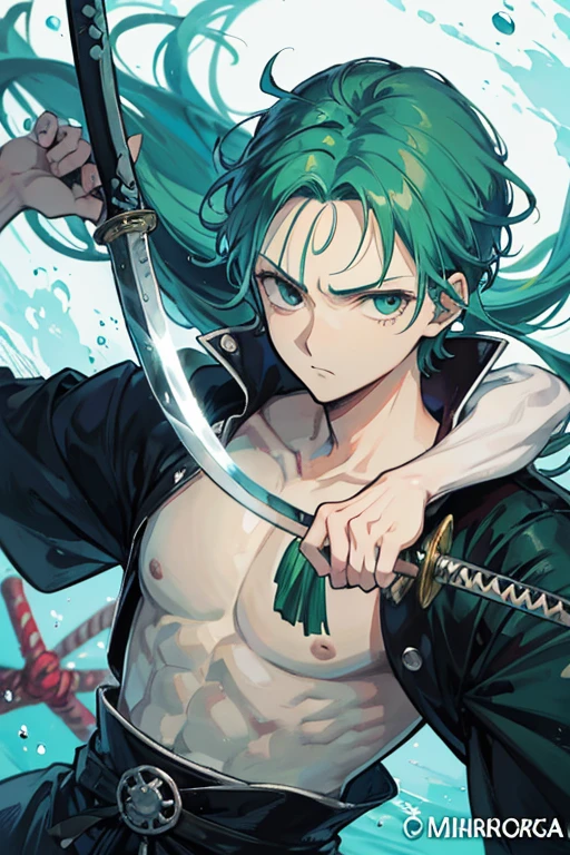 Close-up of a person holding a sword underwater, Roronoa Zoro, From 1 piece, One Piece Art Style, Official Art, Extended Art, o - yoroi, norihiro yagi, Kentaro Miura&#39;s Manga Art Style, sosaku hanga, German Fury, masanori warugai, Anime Wallpaper