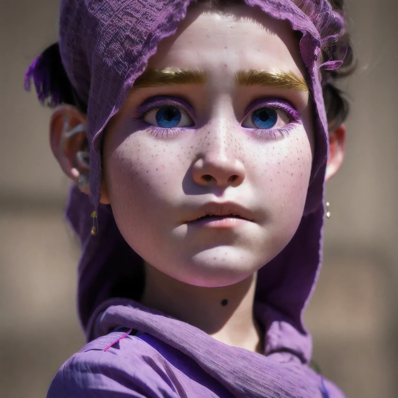 photo of a Columbia student，9 years old, in Purple Pink, Linen coarse cloth, (freckles:0.8) Blush，cute face, scifi, dystopian, detailed eyes, cobalt blue eyes（（Side view））Shy