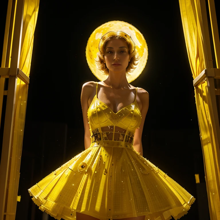 In a yellow dress made of pieces of yellow glass against the background of a huge yellow moon, there are many different yellow owls around
