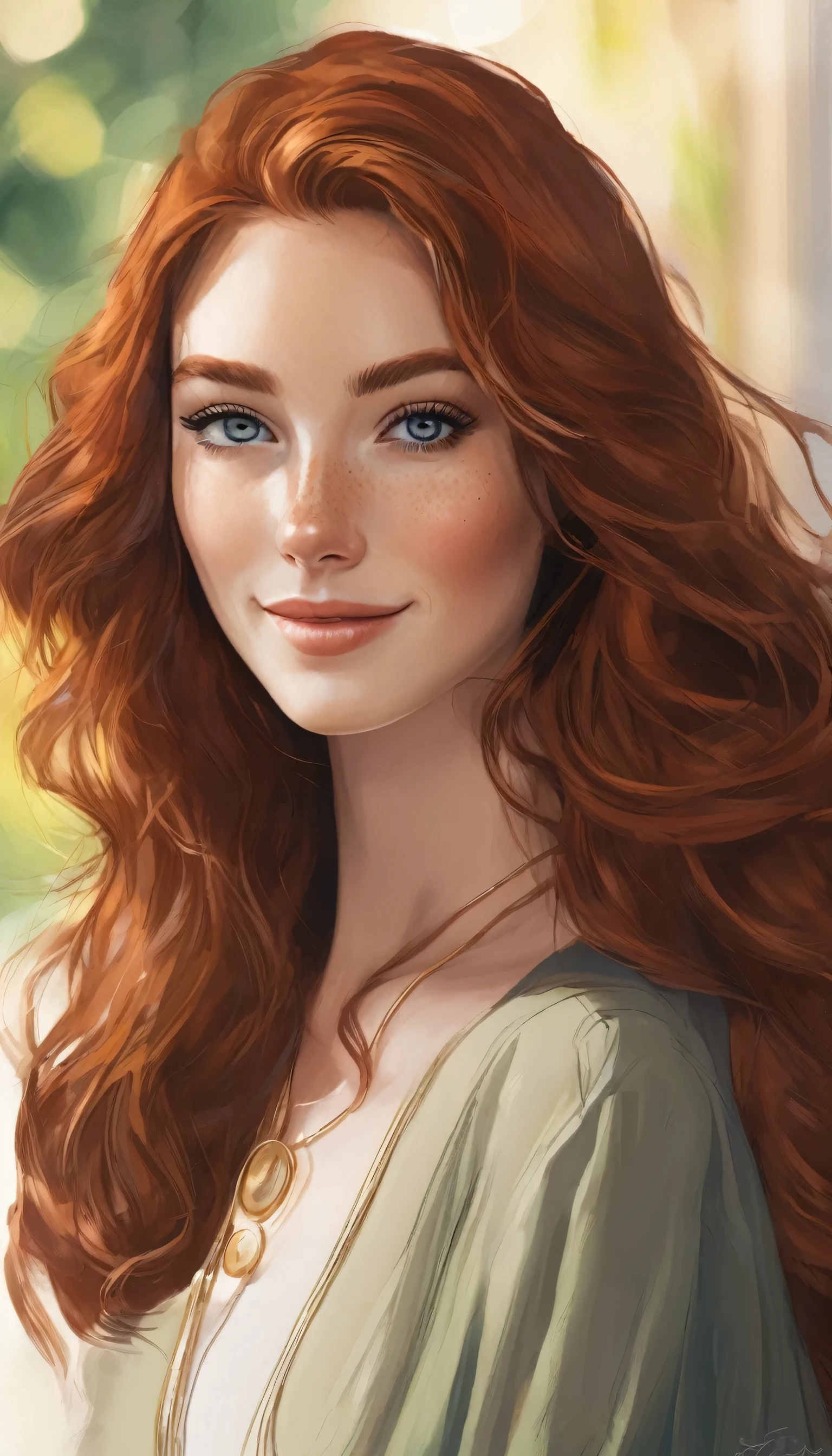A handsome irish woman in her early 20s. she has long, loosely waved red hair in0 a casual style, with a few strands falling naturally over her forehead. her green eyes stand out on her elegant face – high cheekbones, a dusting of freckles over her nose, thick groomed eyebrows, and a rounded smooth jawline, sexy outfit, full body, dynamic pose