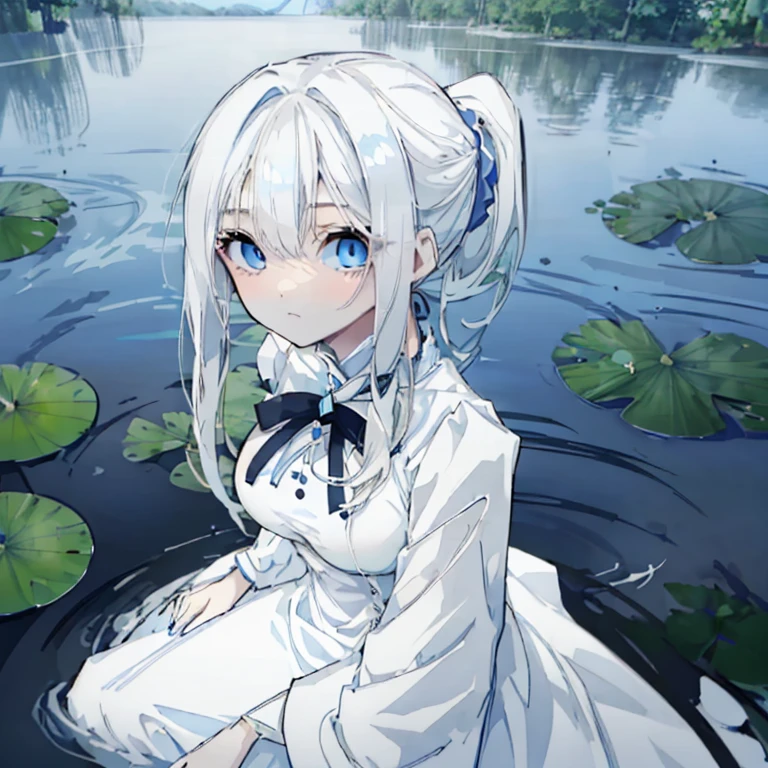 1 girl,Mature,White Hair,Long hair ponytail,High Ponytail,Blue Eyes,Sharp Eyes,Ample breasts,White Dress,In a beautiful lake,sit by the lake,Bewitching lol,Water lilies blooming in profusion,White Water Lily,Blue Butterfly,Fantasy