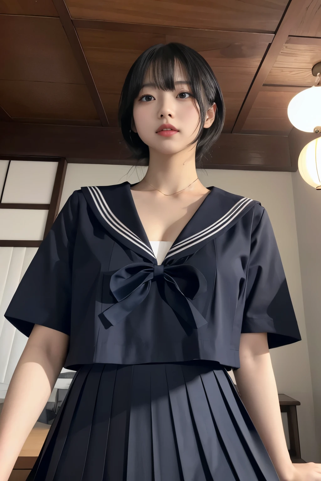 Masterpiece、highest quality、Woman 1、Super detailed、View from directly below　Black Hair　Face seen from below　Japanese 、Sailor suit、Pleated skirt　Muscular belly、Large Breasts、under boob、Chest seen from below　Sailor suitの中を真下から覗く　ceiling