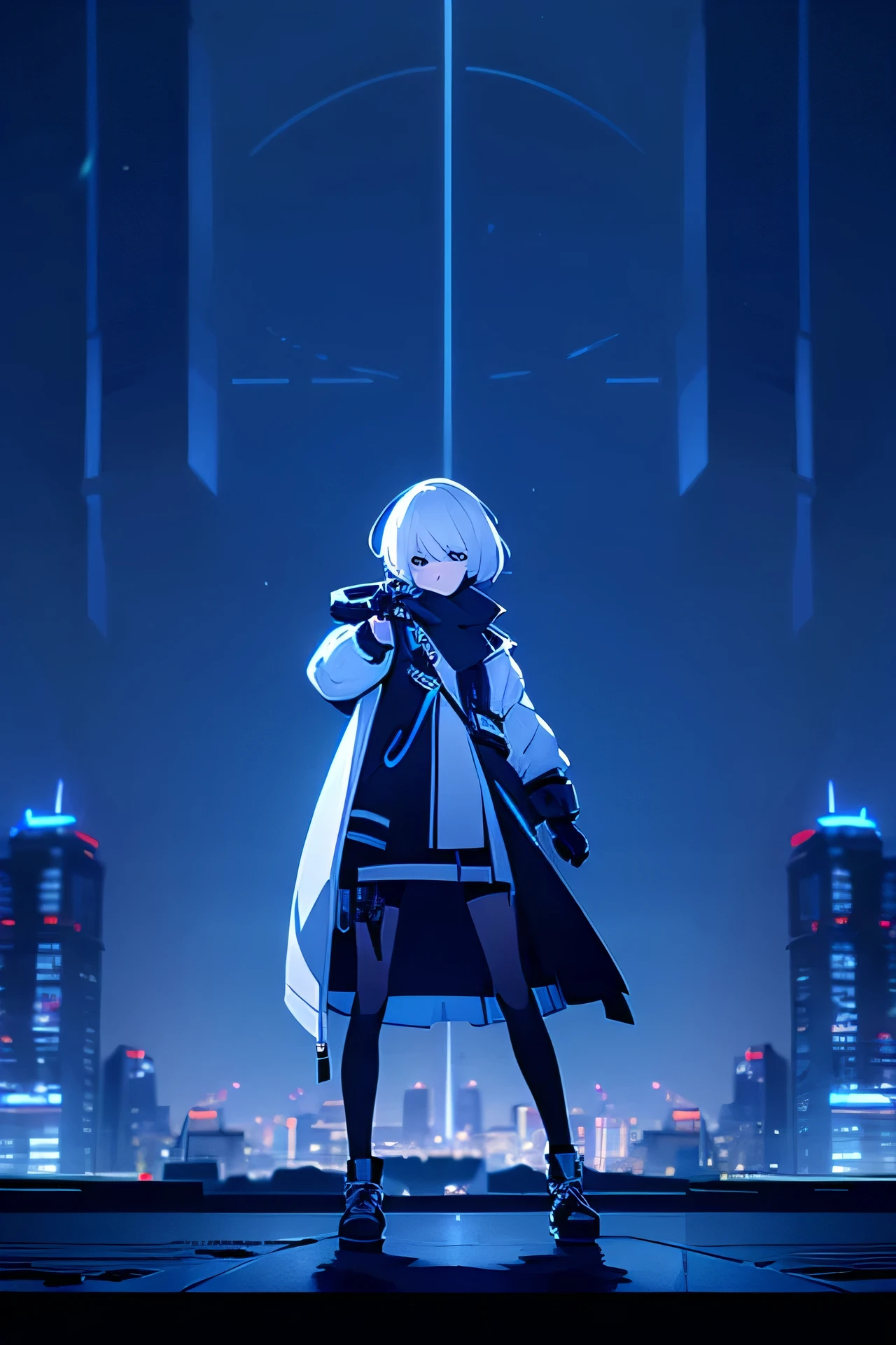 A tall girl with white hair, very short hair, and a white jacket with a blue stripe is holding a pistol. Her hair is styled so that there is a strand of hair on the right side. The girl is standing in front of a city background at nighttime, illuminated by moonlight. The prompt should be of high quality.