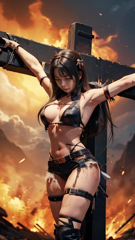 highest quality,masterpiece,Ultra-high resolution, Very detailed, 8k,(Beautiful woman),(一人のBeautiful woman),((Crucifixion:1.5)),(((cross))),(execution),((incontinence)),Scared,Big Breasts、torture,slave,((crossにCrucifixionにされた女性:1.5)),Crucifixion刑,Kamen Rider、Transformation Belt,((Torn costume:1.5)),((Tearing of clothes:1.5)),(Tattered clothes),Beaten face,顔にTraces of being beaten,((Bruises on the body)),Body scars,Facial and body injuries,(Bruise, dirty, Torn clothes, Revealing clothing, Blood:1.3),Traces of being beaten,Defeated heroine,A ruined world,Remains,ruins,(Burning at the stake),((Roasted by fire:1.2)),Inflammation,(Inflammationに包まれている),足下にInflammation
